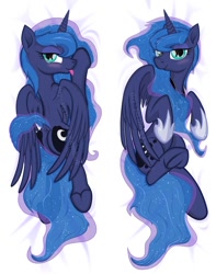 Size: 972x1235 | Tagged: safe, artist:rtry, princess luna, alicorn, pony, :p, bed, bedroom eyes, blushing, body pillow, body pillow design, dock, eyeshadow, female, hoof shoes, legs in air, looking at you, looking back, makeup, mare, missing accessory, on back, plot, prone, raised tail, silly, solo, spread wings, tail, tongue out, underhoof, watermark, wings