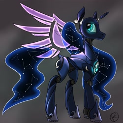 Size: 4000x4000 | Tagged: safe, artist:overkenzie, princess luna, alicorn, pony, robot, robot pony, artificial wings, augmented, constellation, floating wings, horn, mechanical wing, simple background, solo, wings