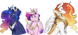 Size: 2586x1176 | Tagged: safe, artist:yuyusunshine, prince solaris, princess cadance, princess celestia, princess luna, alicorn, pony, alternate universe, armor, brother and sister, chest fluff, crown, digital art, female, jewelry, king solaris, looking at you, male, mare, raised hoof, regalia, rule 63, siblings, simple background, smiling, stallion, trio, white background