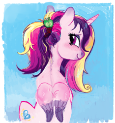 Size: 819x876 | Tagged: safe, artist:spectralunicorn, princess cadance, alicorn, pony, cutie mark hair accessory, female, implied cadmac, implied shipping, implied straight, looking at you, ponytail, scrunchie, smiling, solo