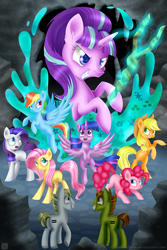 Size: 900x1350 | Tagged: safe, artist:swanlullaby, derpibooru import, applejack, fluttershy, pinkie pie, rainbow dash, rarity, starlight glimmer, twilight sparkle, twilight sparkle (alicorn), alicorn, earth pony, pegasus, pony, unicorn, the cutie map, blank flank, cutie mark theft, female, mane six, mare, s5 starlight, staff, staff of sameness