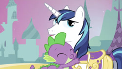 Size: 637x359 | Tagged: safe, edit, edited screencap, editor:undeadponysoldier, screencap, shining armor, spike, dragon, pony, unicorn, a canterlot wedding, armor, big brother, canterlot, cute, hug, little brother, male, siblings, spikabetes, spikelove, stallion