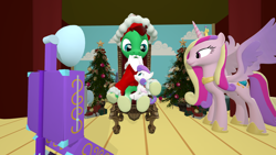 Size: 1920x1080 | Tagged: safe, artist:mrdoctorderpy, princess cadance, princess flurry heart, oc, oc:northern haste, alicorn, pony, 3d, beard, camera, christmas, christmas tree, clothes, costume, facial hair, fake beard, female, filly, hat, holiday, santa claus, santa costume, santa hat, source filmmaker, tree