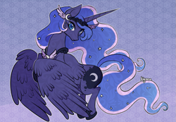 Size: 1011x700 | Tagged: safe, artist:kiyoon, princess luna, alicorn, pony, female, looking at you, mare, simple background, solo