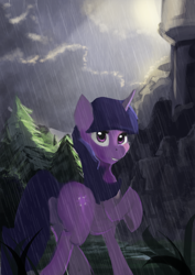 Size: 1580x2234 | Tagged: safe, artist:hierozaki, derpibooru import, twilight sparkle, plot, rain, solo, wip