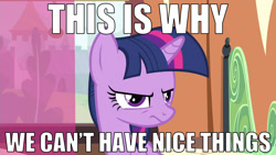 Size: 1280x720 | Tagged: safe, derpibooru import, edit, edited screencap, screencap, twilight sparkle, caption, frown, glare, grumpy, grumpy twilight, image macro, meme, reaction image, solo, this is why we can't have nice things, unhappy, upset