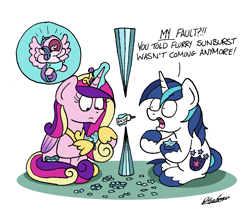 Size: 2214x1933 | Tagged: safe, artist:bobthedalek, princess cadance, princess flurry heart, shining armor, alicorn, pony, unicorn, a horse shoe-in, broken, crying, crystal heart, dialogue, fixing, glue, implied sunburst, magic, magic bubble, screaming, shards, telekinesis, this will not end well