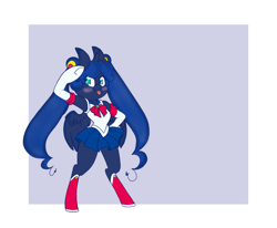 Size: 1024x843 | Tagged: safe, artist:uniquecolorchaos, princess luna, alicorn, anthro, unguligrade anthro, armpits, blushing, clothes, cosplay, costume, female, looking at you, sailor moon, salute, socks, solo, tongue out