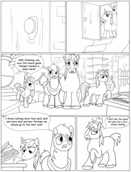 Size: 2594x3417 | Tagged: safe, artist:cactuscowboydan, big macintosh, flash sentry, shining armor, trouble shoes, earth pony, pegasus, pony, unicorn, comic:the fusion flashback, basement, clydesdale, comic, commissioner:bigonionbean, dialogue, door, fusion, hat, laboratory, magic, sketch, underground, writer:bigonionbean