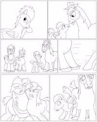 Size: 2043x2554 | Tagged: safe, artist:cactuscowboydan, big macintosh, flash sentry, shining armor, trouble shoes, earth pony, pegasus, pony, unicorn, comic:the fusion flashback, basement, broken, butt, clydesdale, comic, commissioner:bigonionbean, coughing, dat butt, dialogue, door, forced, fusion, gagging, hat, laboratory, magic, meme, potion, shattered, shocked, sketch, surprised, underground, writer:bigonionbean