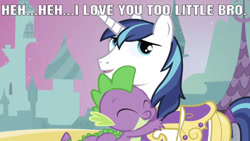 Size: 637x359 | Tagged: safe, edit, edited screencap, editor:undeadponysoldier, screencap, shining armor, spike, dragon, pony, unicorn, a canterlot wedding, armor, big brother, brotherly love, brothers, caption, cute, daaaaaaaaaaaw, image macro, little brother, little brother and big brother, male, siblings, spike's family, spikelove, stallion, text