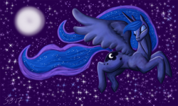 Size: 1250x750 | Tagged: safe, artist:saoirsepdg, princess luna, alicorn, pony, eyes closed, female, flying, mare, missing accessory, moon, solo, spread wings, stars, wings