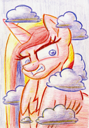 Size: 895x1280 | Tagged: safe, artist:shoeunit, princess cadance, alicorn, pony, angry, cloud, colored pencil drawing, female, mare, solo, traditional art