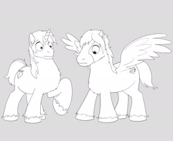 Size: 1952x1593 | Tagged: safe, artist:cactuscowboydan, big macintosh, flash sentry, shining armor, trouble shoes, oc, pegasus, pony, unicorn, clydesdale, commissioner:bigonionbean, confused, cutie mark, fusion, fusion:fast hooves, fusion:home defence, fusion:quick hooves, male, sketch, stallion, thick
