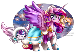 Size: 1526x1052 | Tagged: safe, artist:tiffanymarsou, princess cadance, princess flurry heart, alicorn, pony, clothes, cute, daughter, duo, female, flurrybetes, flying, jewelry, mother, mother and child, mother and daughter, parent and child, raised hoof, regalia, simple background, smiling, spread wings, transparent background, winter