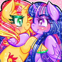 Size: 2000x2000 | Tagged: safe, artist:audra-hime, derpibooru import, sunset shimmer, twilight sparkle, twilight sparkle (alicorn), alicorn, pony, boop, female, heart eyes, lesbian, mare, noseboop, shipping, smiling, sunsetsparkle, wingding eyes