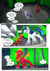 Size: 1800x2561 | Tagged: safe, artist:ponyanony, part of a series, part of a set, big macintosh, shining armor, pony, unicorn, comic:injection, bondage, comic, descriptive noise, glowing horn, horn, laboratory, speech bubble, syringe, text, this will not end well, tube, wet hair