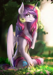 Size: 2480x3508 | Tagged: safe, artist:aidelank, princess cadance, alicorn, pony, semi-anthro, clothes, female, flower, mare, sitting, solo