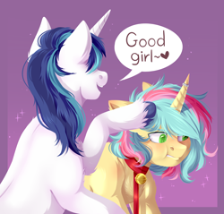 Size: 3000x2868 | Tagged: safe, artist:djkaskan, shining armor, oc, pony, unicorn, :t, bell, bell collar, blushing, cat bell, collar, dialogue, female, good girl, horn, horn ring, leash, male, mare, pet, pet play, speech bubble, stallion, unshorn fetlocks