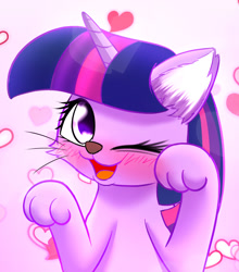 Size: 1200x1364 | Tagged: safe, artist:phoenixperegrine, derpibooru import, twilight sparkle, cat, :3, blushing, cute, open mouth, paws, solo, species swap, twiabetes, twilight cat, wink