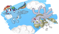 Size: 2615x1523 | Tagged: safe, artist:thewake96, derpy hooves, rainbow dash, pegasus, pony, bag, cloud, cloudy, female, flying, letter, mare, upside down