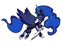 Size: 5300x4000 | Tagged: safe, artist:ghouleh, princess luna, alicorn, pony, armor, ear piercing, earring, glaive, glowing horn, horseshoes, inktober, jewelry, magic, piercing, simple background, spread wings, telekinesis, transparent background, weapon, wings