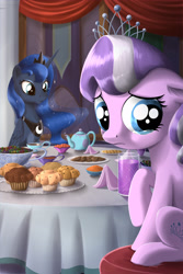 Size: 2400x3600 | Tagged: safe, artist:sirzi, diamond tiara, princess luna, alicorn, earth pony, pony, crying, cup, drink, duo, fanfic, fanfic art, female, filly, food, mare, muffin, sad, table, teacup