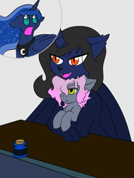 Size: 1589x2101 | Tagged: safe, artist:jolliapplegirl, princess luna, oc, oc:desert moon, oc:incubus, alicorn, pegasus, pony, sphinx, alicorn oc, family, feline, female, interspecies offspring, male, next generation, offspring, parent:oc:asra, parent:princess luna, parents:canon x oc, sphinx oc, story included