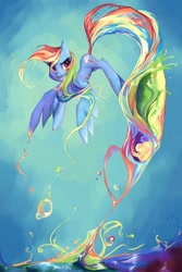 Size: 2160x3240 | Tagged: safe, artist:my-magic-dream, rainbow dash, pegasus, pony, color, flying, paint, rainbow, solo, splash, spread wings, surreal, tail, water, wings