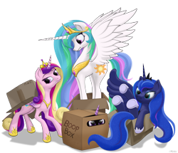 Size: 3010x2590 | Tagged: safe, artist:awalex, princess cadance, princess celestia, princess luna, twilight sparkle, twilight sparkle (alicorn), alicorn, pony, alicorn tetrarchy, boop box, box, cardboard box, crown, cute, cutedance, female, jewelry, lunabetes, majestic as fuck, mare, peytral, pony in a box, purple smart, regalia, royal sisters, sillestia, silluna, silly, silly pony, simple background, transparent background, underhoof