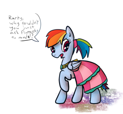 Size: 746x692 | Tagged: safe, artist:nasse, artist:rustydooks, rainbow dash, pegasus, pony, clothes, cute, dashabetes, dialogue, dress, female, implied rarity, mare, ponytail, rainbow dash always dresses in style, raised hoof, solo, speech bubble