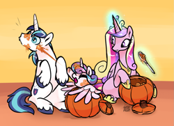 Size: 1135x820 | Tagged: safe, artist:goodmode, princess cadance, princess flurry heart, shining armor, alicorn, pony, unicorn, 31nightmarechallenge, cute, family, female, filly, flurrybetes, halloween, magic, male, mare, pumpkin, pumpkin carving, shiningcadance, shipping, sitting, stallion, straight, telekinesis