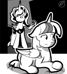 Size: 800x891 | Tagged: safe, artist:moonlightfan, princess luna, twilight sparkle, twilight sparkle (alicorn), alicorn, pony, bed, cover art, monochrome