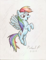 Size: 1700x2203 | Tagged: dead source, safe, artist:renaissancepony, rainbow dash, pegasus, pony, female, flying, mare, open mouth, signature, smiling, solo, spread wings, traditional art, wings