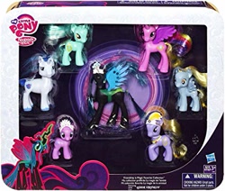 Size: 425x361 | Tagged: safe, derpy hooves, diamond tiara, lyra heartstrings, princess cadance, queen chrysalis, shining armor, alicorn, changeling, changeling queen, pony, unicorn, box, doll, female, hasbro, my little pony, my little pony logo, rainbow chrysalis, tecna, toy, union