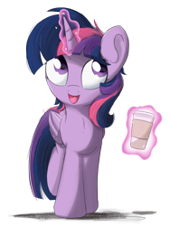 Size: 1500x2000 | Tagged: safe, artist:bugplayer, derpibooru import, edit, twilight sparkle, twilight sparkle (alicorn), alicorn, pony, bugplayer is trying to murder us, coffee, cute, female, fluffy, food, levitation, magic, mare, open mouth, simple background, smiling, solo, telekinesis, transparent background, twiabetes