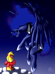 Size: 1024x1365 | Tagged: safe, artist:heart-of-a-dragoness, princess luna, oc, alicorn, pegasus, pony, female, flying, mare, night, stars