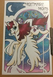 Size: 1429x2048 | Tagged: safe, artist:helicityponi, princess luna, oc, oc:fausticorn, alicorn, bat pony, pony, alicorn oc, female, looking at you, mare, solo, traditional art