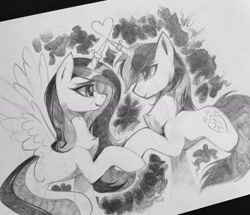 Size: 2048x1758 | Tagged: safe, artist:share dast, princess cadance, shining armor, alicorn, pony, unicorn, black and white, female, grayscale, heart, horn, horn ring, horns are touching, inktober, inktober 2019, male, monochrome, shiningcadance, shipping, straight, traditional art