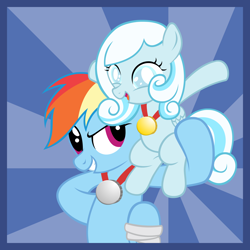 Size: 2140x2140 | Tagged: safe, artist:hoodiepatrol89, rainbow dash, oc, oc:snowdrop, pegasus, pony, gold medal, injured, silver medal