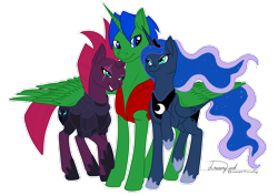 Size: 2912x2059 | Tagged: safe, artist:dreamyartcosplay, princess luna, tempest shadow, oc, oc:prince lightning chaser, alicorn, pony, unicorn, my little pony: the movie, alicorn oc, broken horn, canon x oc, ethereal mane, eye scar, female, grin, hoof shoes, horn, male, mare, raised hoof, scar, shipping, smiling, spread wings, stallion, starry mane, wings