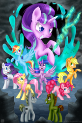 Size: 1000x1500 | Tagged: safe, artist:swanlullaby, derpibooru import, applejack, fluttershy, pinkie pie, rainbow dash, rarity, starlight glimmer, twilight sparkle, twilight sparkle (alicorn), alicorn, earth pony, pegasus, pony, unicorn, the cutie map, equal cutie mark, female, grin, mane six, mare, s5 starlight, smiling, staff, staff of sameness