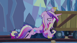 Size: 1280x720 | Tagged: safe, screencap, princess cadance, alicorn, pony, a canterlot wedding, crying, female, folded wings, mare, minecart, sad, solo