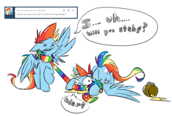 Size: 1500x1014 | Tagged: safe, artist:cider, rainbow dash, pegasus, pony, ask cider dash, cider, clothes, just ask rainbow dash, scarf, speech bubble, vomit