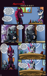 Size: 2021x3289 | Tagged: safe, artist:zsparkonequus, grubber, shining armor, tempest shadow, pony, unicorn, comic:apprentice tempest, my little pony: the movie, armor, comic, crystal guard, crystal guard armor, desk, glowing horn, horn, magic, quill, sitting, telekinesis, writing