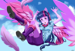 Size: 3300x2250 | Tagged: safe, artist:oliver-el-mediocre, derpibooru import, twilight sparkle, twilight sparkle (alicorn), alicorn, equestria girls, flying, ponied up, solo