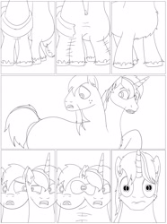 Size: 2483x3331 | Tagged: safe, artist:cactuscowboydan, big macintosh, shining armor, oc, oc:home defence, earth pony, pony, unicorn, comic:the fusion flashback, comic, commissioner:bigonionbean, confused, dat ass was fat, fuse, fusion, fusion:home defence, merge, merging, shocked, sketch, thicc ass, wide hips, writer:bigonionbean