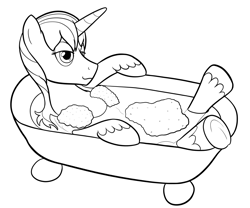 Size: 2400x2000 | Tagged: safe, artist:cybersquirrel, shining armor, pony, unicorn, bath, bathtub, bubble bath, inktober, inktober 2019, monochrome, simple background, solo, wet mane, white background