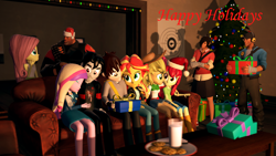 Size: 1920x1080 | Tagged: safe, artist:razethebeast, apple bloom, applejack, dean cadance, princess cadance, sunset shimmer, equestria girls, 3d, christmas, christmas tree, cookie, food, happy holidays, heavy weapons guy, holiday, milk, present, scout, sofa, source filmmaker, team fortress 2, tree