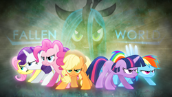 Size: 1920x1080 | Tagged: safe, artist:cloudshadezer0, artist:fillynix-artz, artist:nabbiekitty, derpibooru import, edit, applejack, fluttershy, pinkie pie, queen chrysalis, rainbow dash, rarity, twilight sparkle, changeling, changeling queen, earth pony, pegasus, pony, unicorn, mane six, vector, wallpaper, wallpaper edit